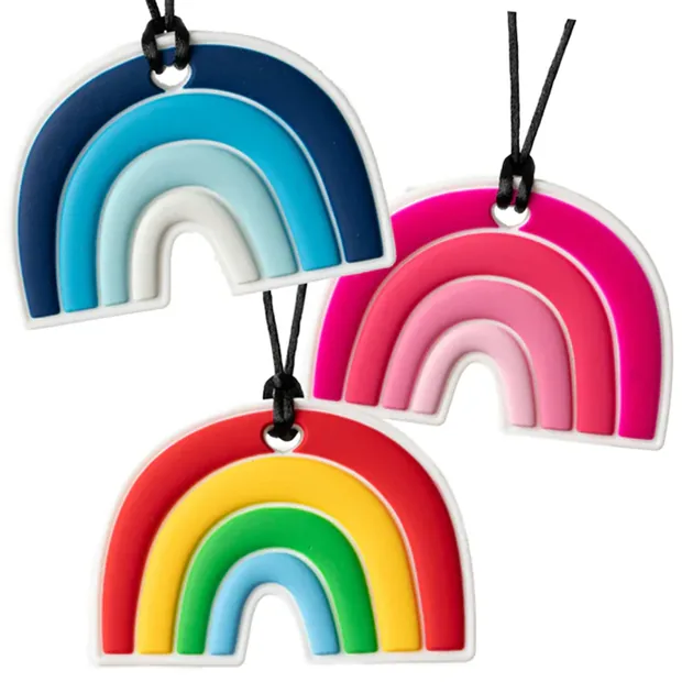 Three colourful rainbow chewable pendants